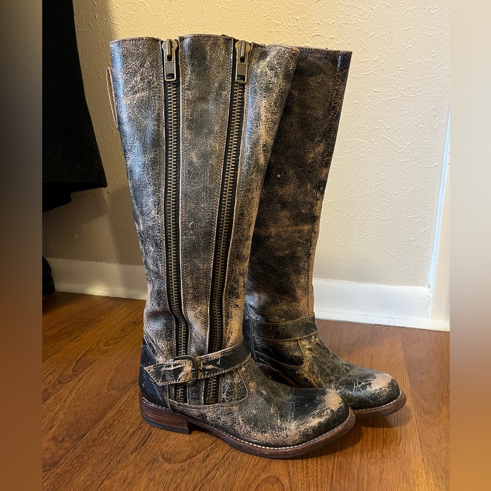 Bed|Stu Cobbler Series Distressed Leather Boots Double Zipper with Buckle Size 8